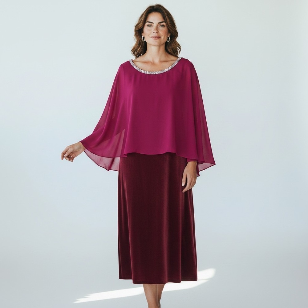Glamour Nights Berry Pink Velvet Chiffon Capelet Dress Rhinestone Trim 14W NWT